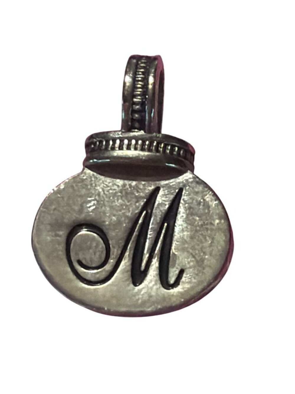 Vintage Ganz Silver Tone Pendant Initial "M" Script Double Sided 1.25"